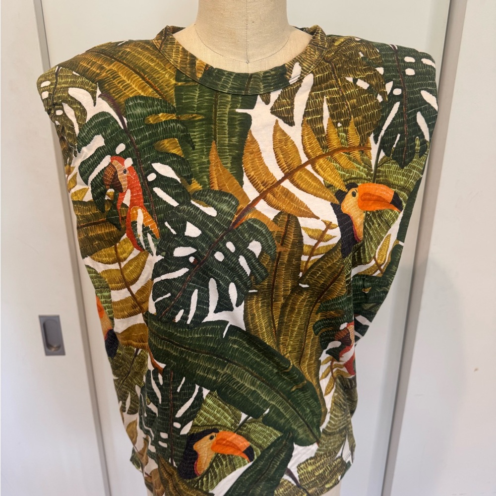 Tropical Toucan Print Sleeveless Top - Leaf & Bird Motif
